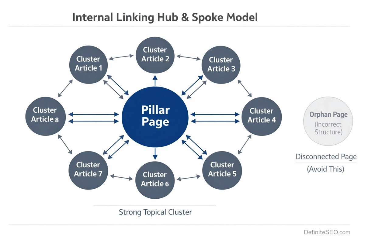 Hub and spoke internal linking structure preventing orphan pages