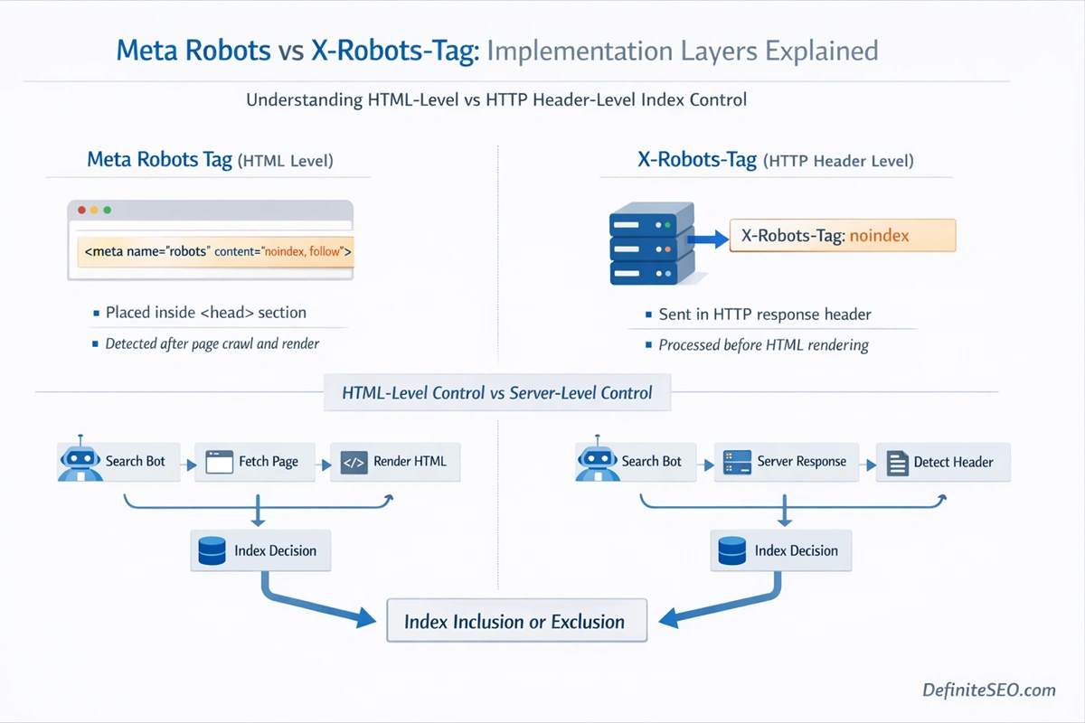 Diagram comparing meta robots tag and X-Robots-Tag HTTP header implementation showing HTML-level and server-level index control in technical SEO