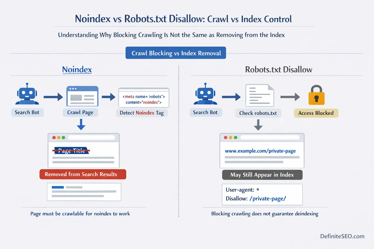 Diagram explaining the difference between noindex and robots.txt disallow showing crawl blocking versus index removal in technical SEO