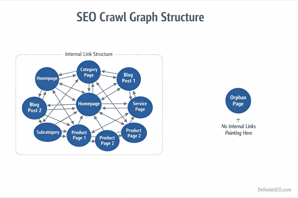 Diagram showing orphan page disconnected from internal link crawl graph