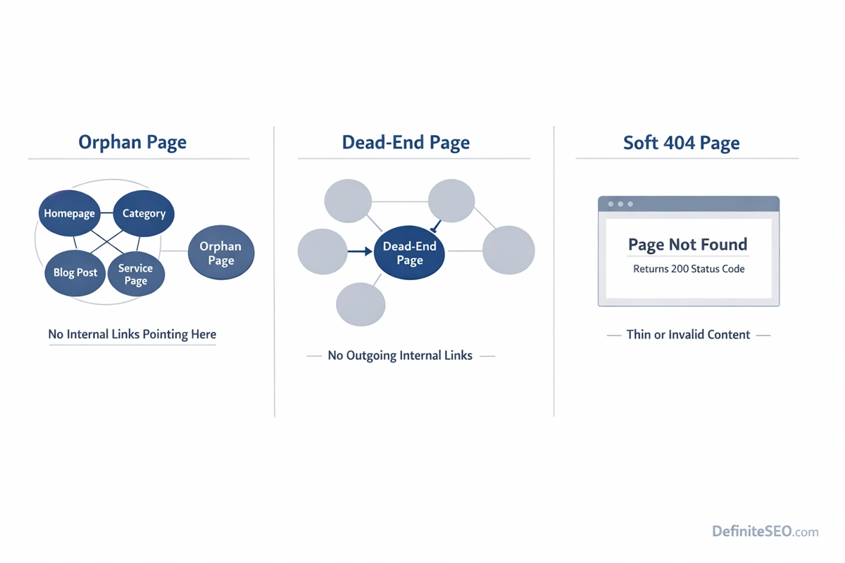 Infographic comparing orphan page, dead-end page, and soft 404 page in technical SEO with crawl structure examples