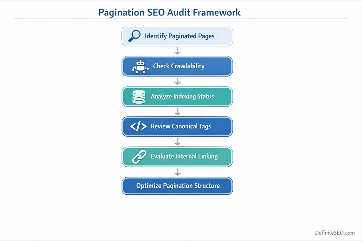 Flowchart showing the pagination SEO audit process including identifying paginated pages, checking crawlability, analyzing indexing, reviewing canonical tags, and improving internal linking.