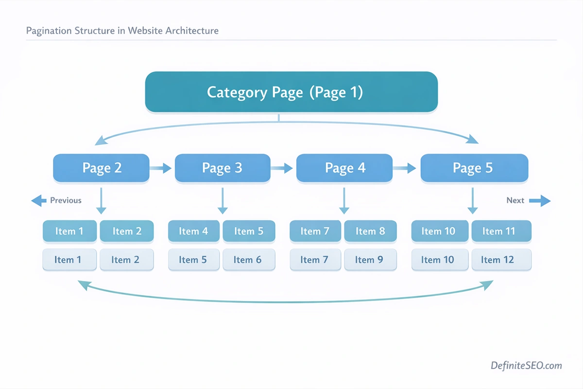 Pagination SEO structure showing category page linking to paginated pages such as page 2 and page 3