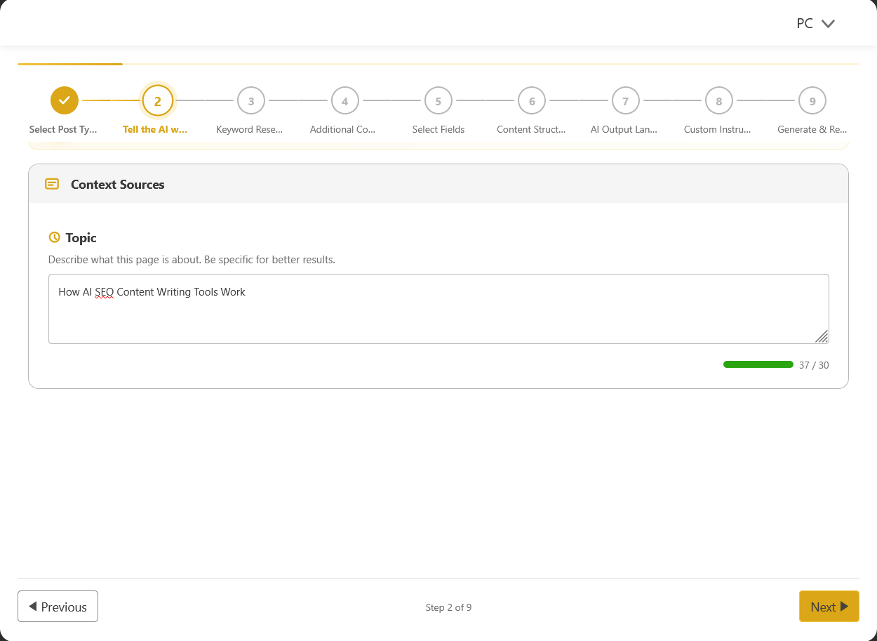 AI content writer topic input where users describe what to write about so the AI creates SEO optimized content tailored to their brief