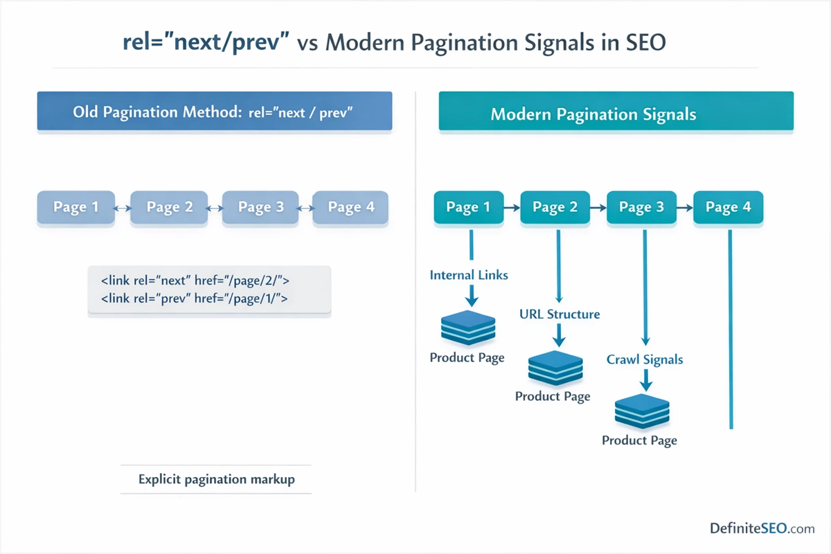 Comparison diagram showing old rel next prev pagination markup versus modern pagination signals like internal linking and URL structure used by search engines.