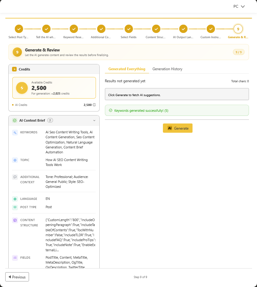 DefiniteSEO AI content writing dashboard showing complete context brief with keywords topic and structure for one click SEO optimized article creation