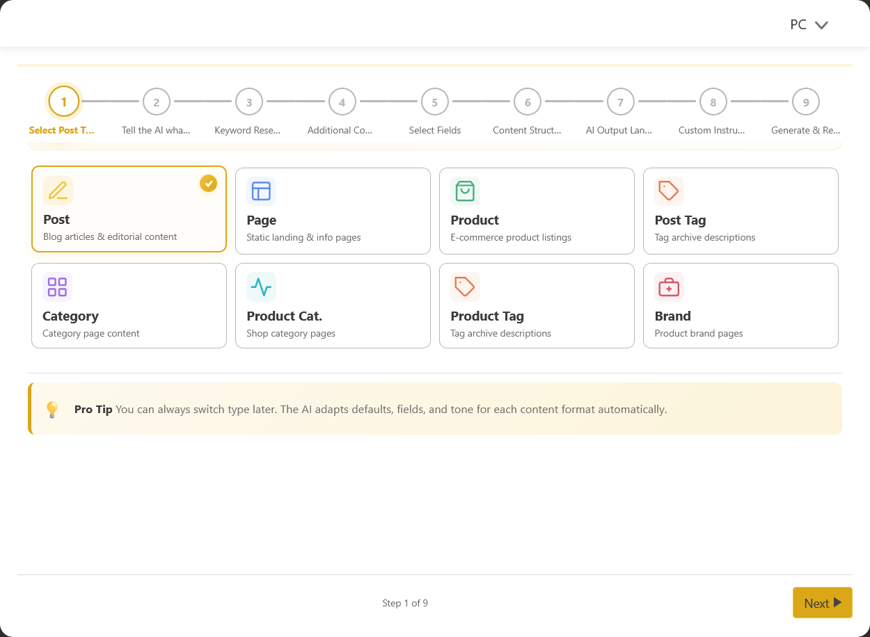 DefiniteSEO AI SEO writer post type selection showing options for blog posts, pages, products, categories, tags, and brand content for automated SEO content creation