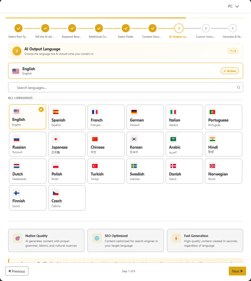 Multilingual AI content writer supporting 22+ languages including English Spanish French German Japanese Arabic and Hindi for native quality SEO content creation