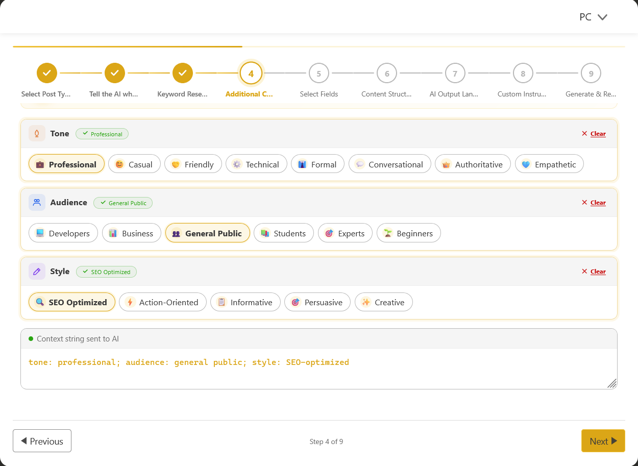 AI SEO writing tool settings for tone audience and style selection including professional conversational and SEO optimized writing modes