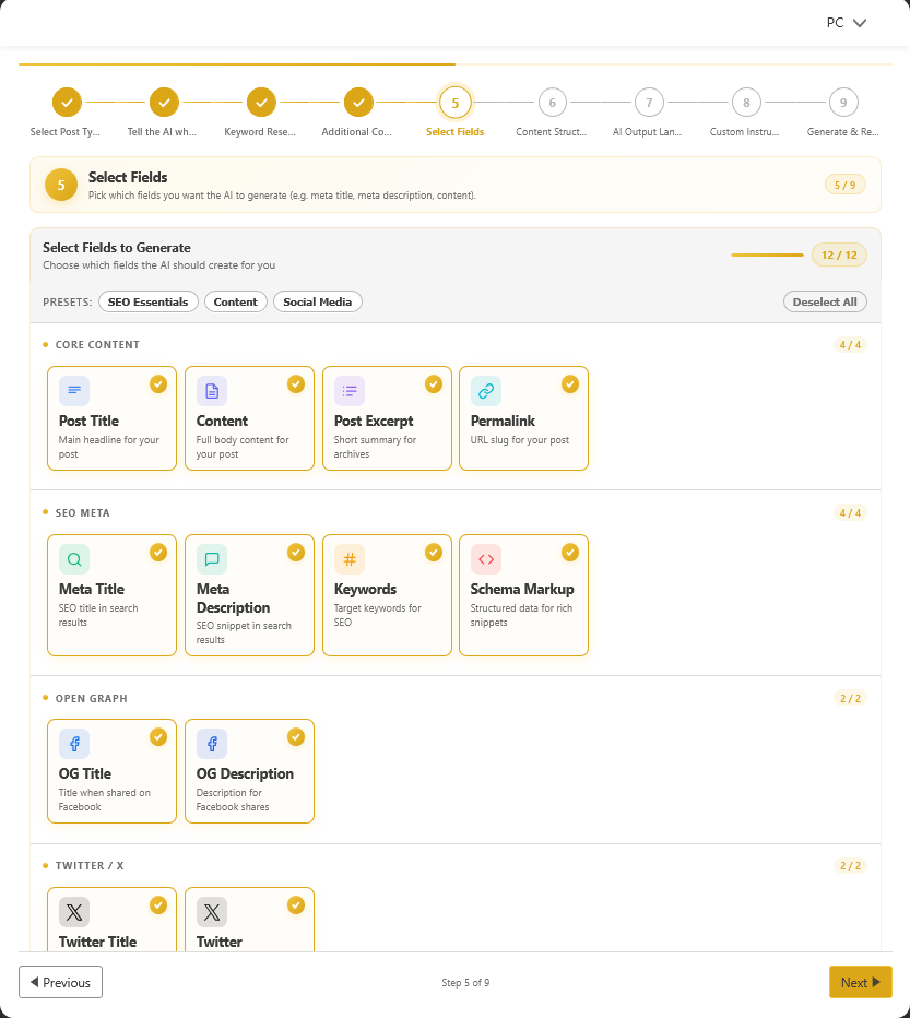 AI content creation field selection for post title, meta title, meta description, schema markup, Open Graph tags, and Twitter cards for complete SEO optimization