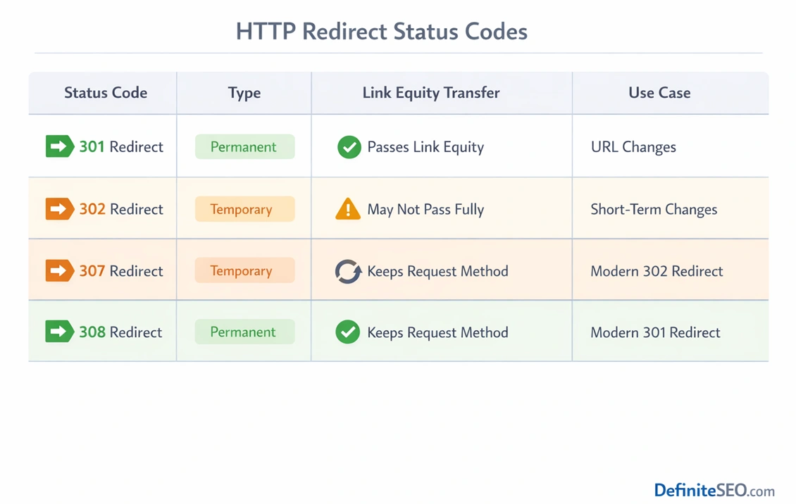 comparison chart of 301 302 307 and 308 redirects showing SEO impact link equity and use cases