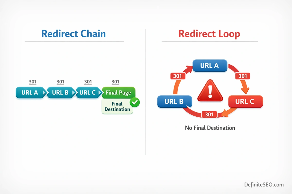 Diagram showing difference between redirect chain and redirect loop in SEO with linear and circular redirect paths