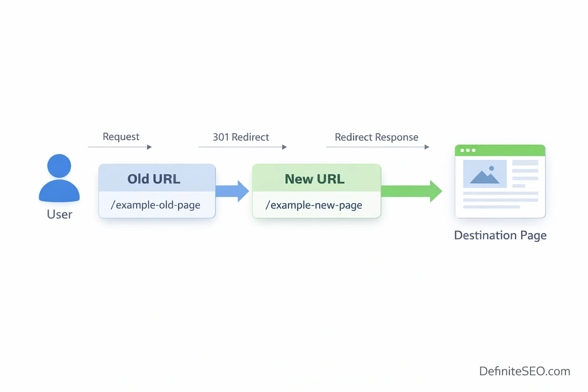 SEO redirect flow diagram showing user request from old URL to new URL using 301 redirect