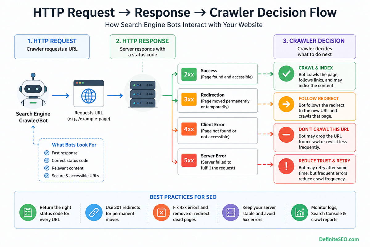 Conceptual diagram showing HTTP request to server, server response with status codes (2xx, 3xx, 4xx, 5xx), and resulting search engine crawler decisions for crawling, indexing, redirecting, or skipping URLs.