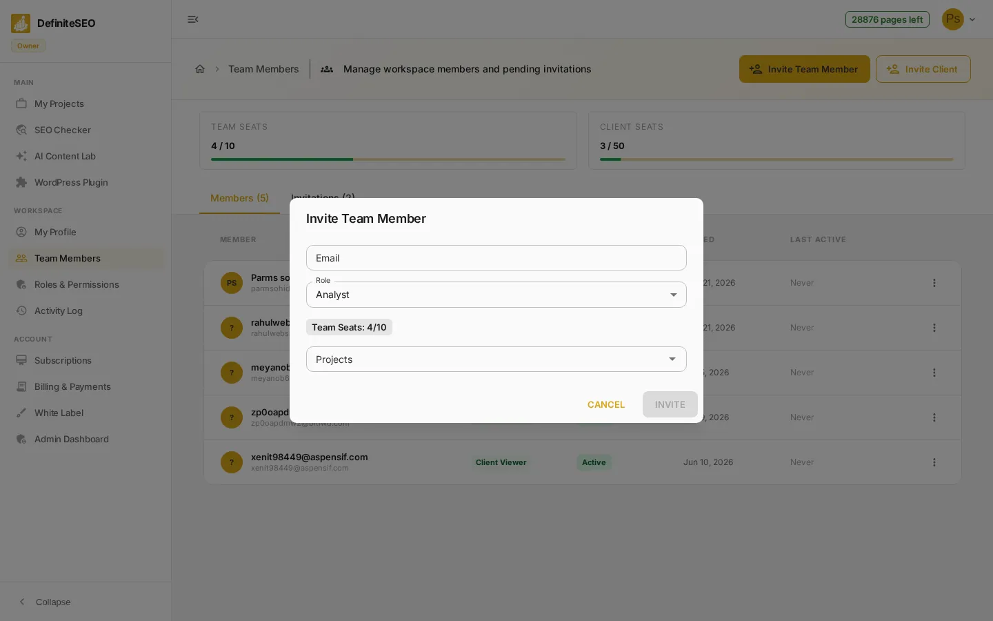 Team Members & Seats - Invite a team member or client