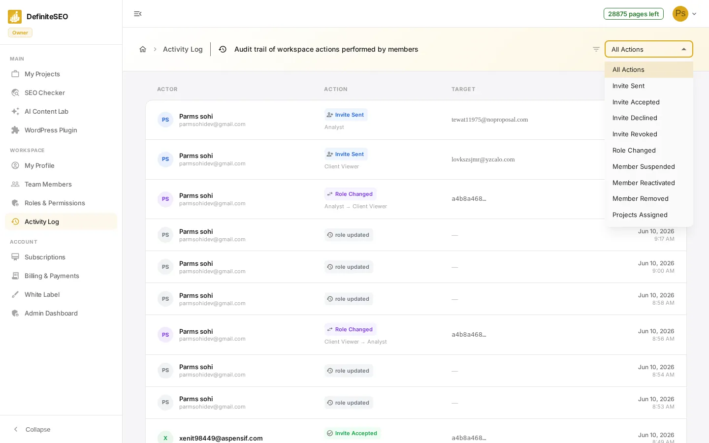 Activity Log - Filter by action type