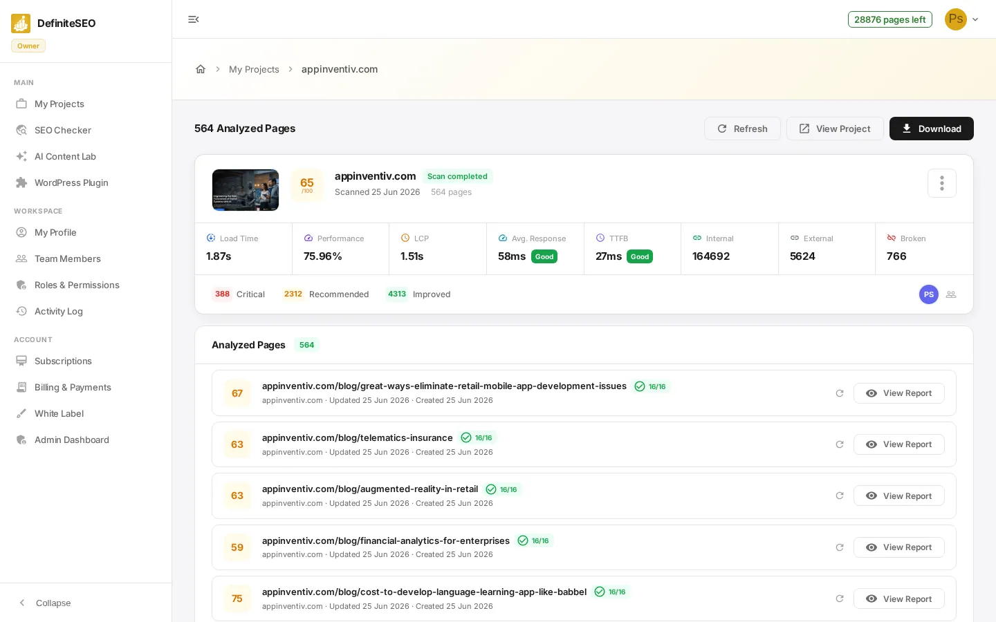 Projects & Site Management - Open a project's Site Report