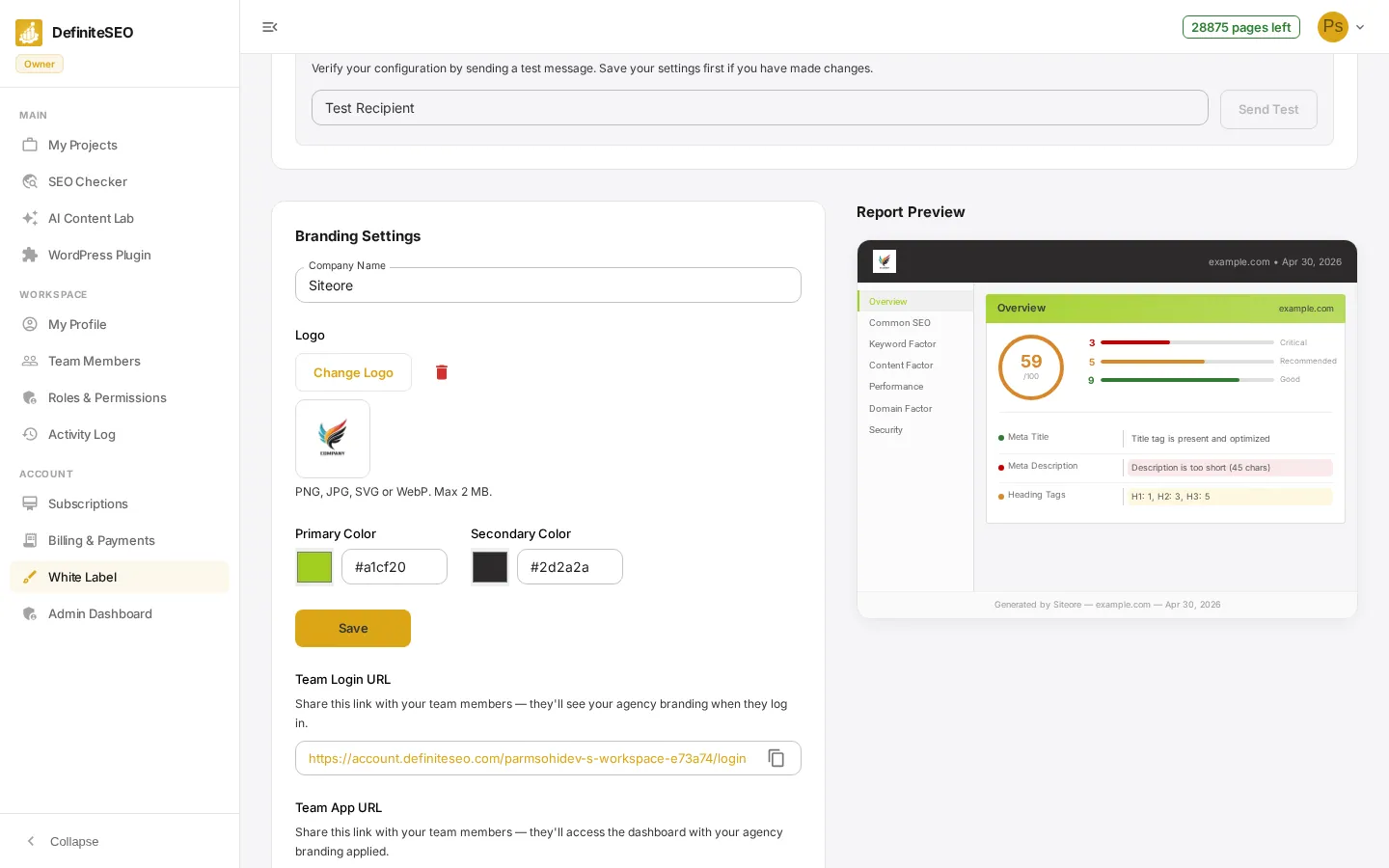 White Label & Branding - Preview your branded report