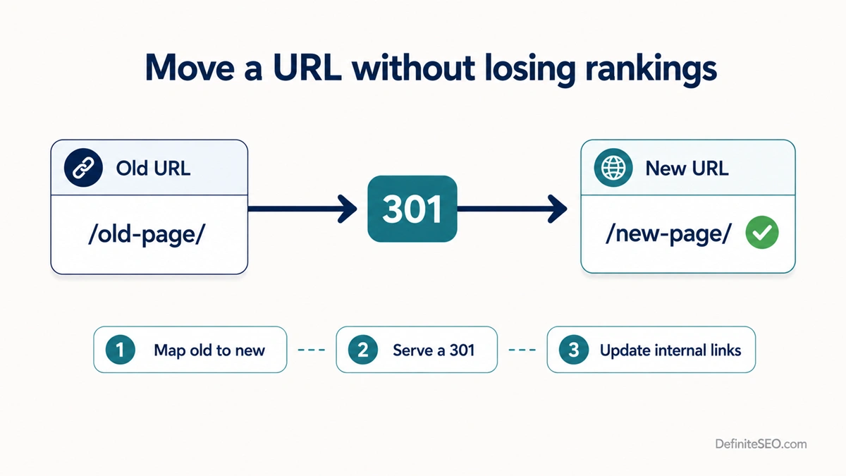 Flow showing an old URL redirected to a new URL with a 301 to preserve rankings