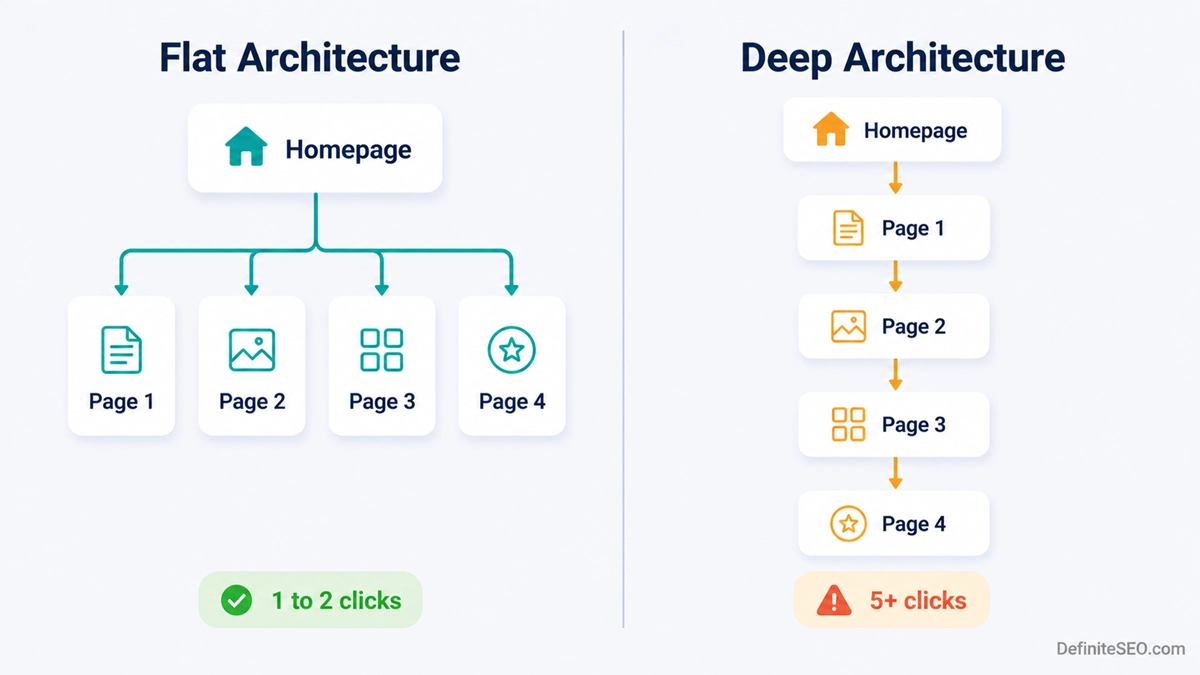 Site hierarchy diagram showing a homepage linking down to category pages and individual articles