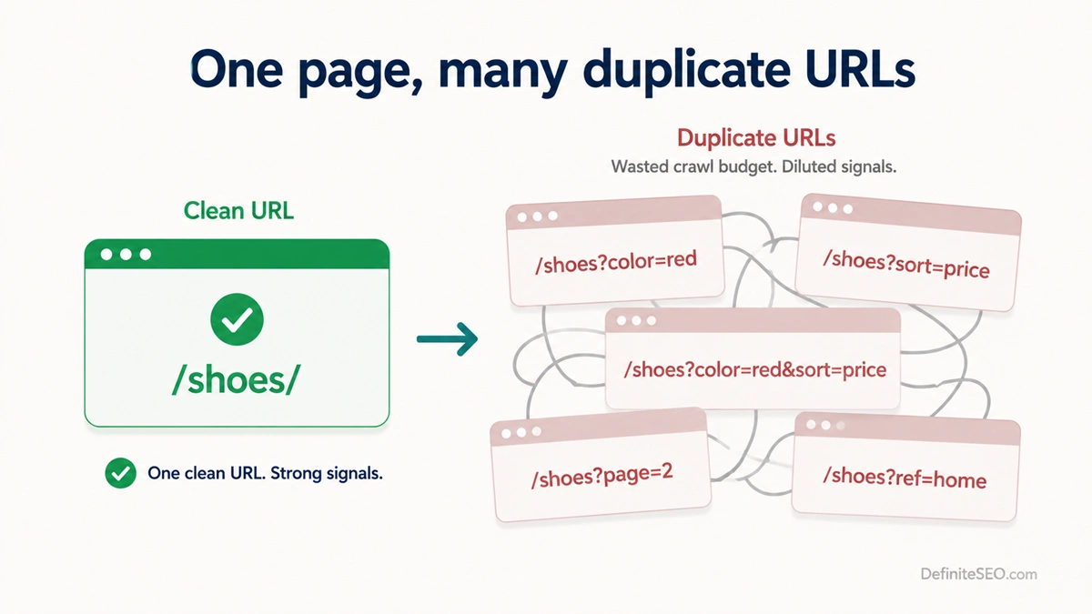 One clean URL splitting into many duplicate parameter URLs that waste crawl budget