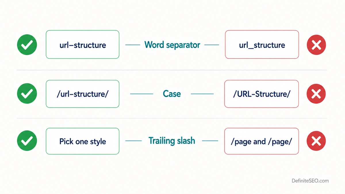 Do and don't guide for SEO URLs covering hyphens, lowercase, and trailing slash consistency