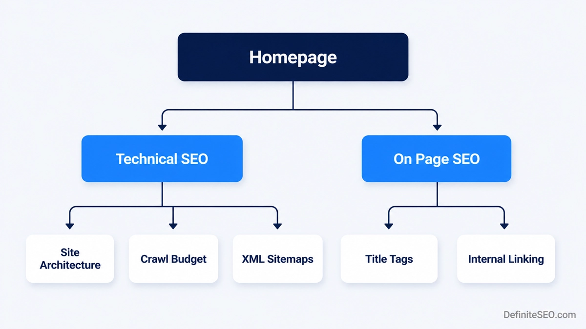 Comparison of flat and deep site architecture showing shallow pages versus pages buried many clicks deep