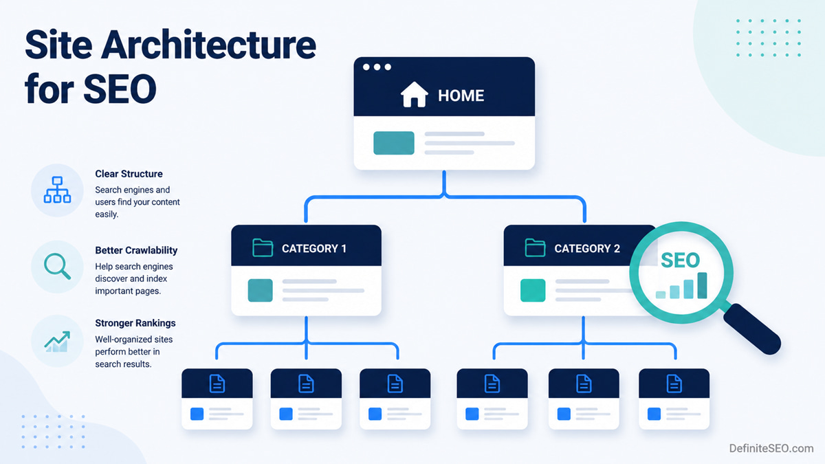 Illustration of SEO site architecture shown as a connected tree of pages branching from a homepage