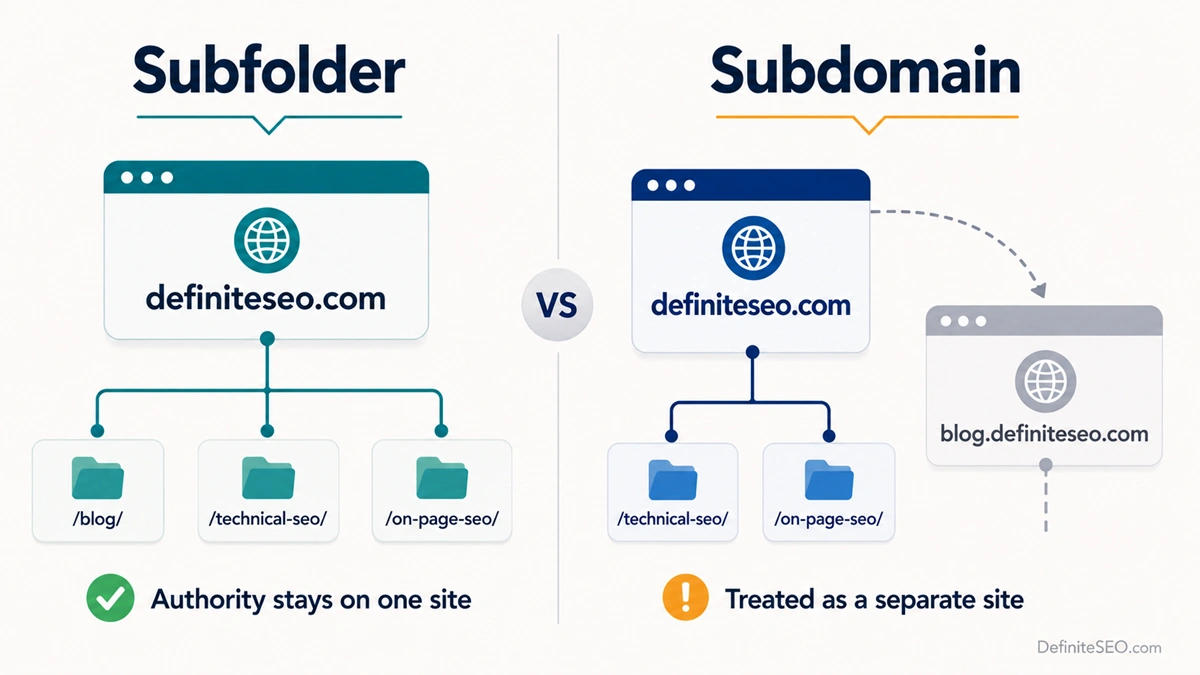Diagram comparing a subfolder that keeps authority on one site against a subdomain treated separately