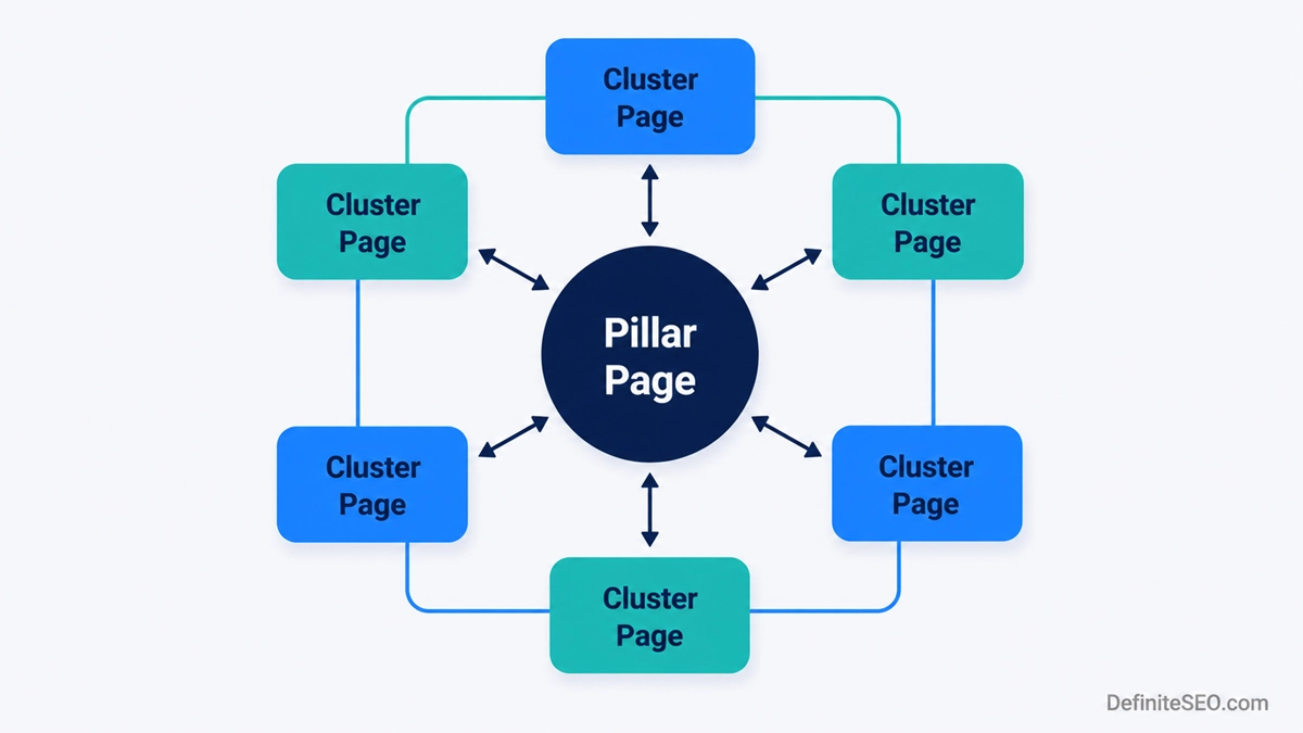 Topic cluster diagram showing a central pillar page linked to surrounding cluster pages