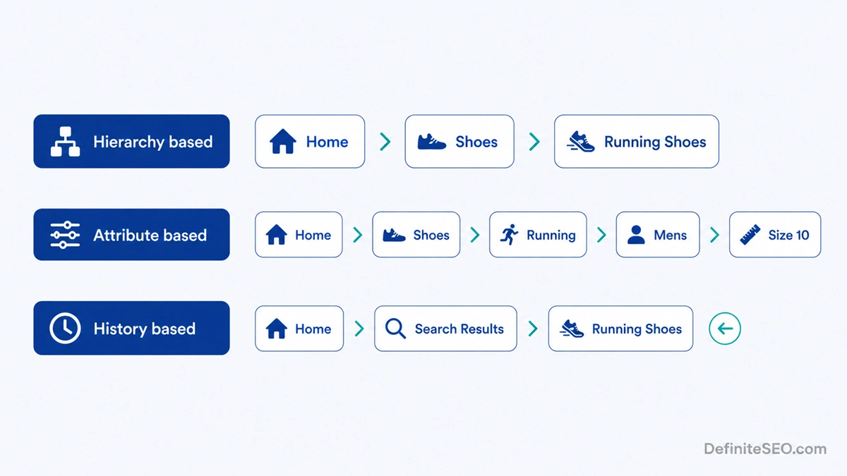 Comparison diagram of hierarchy based, attribute based, and history based breadcrumb trails