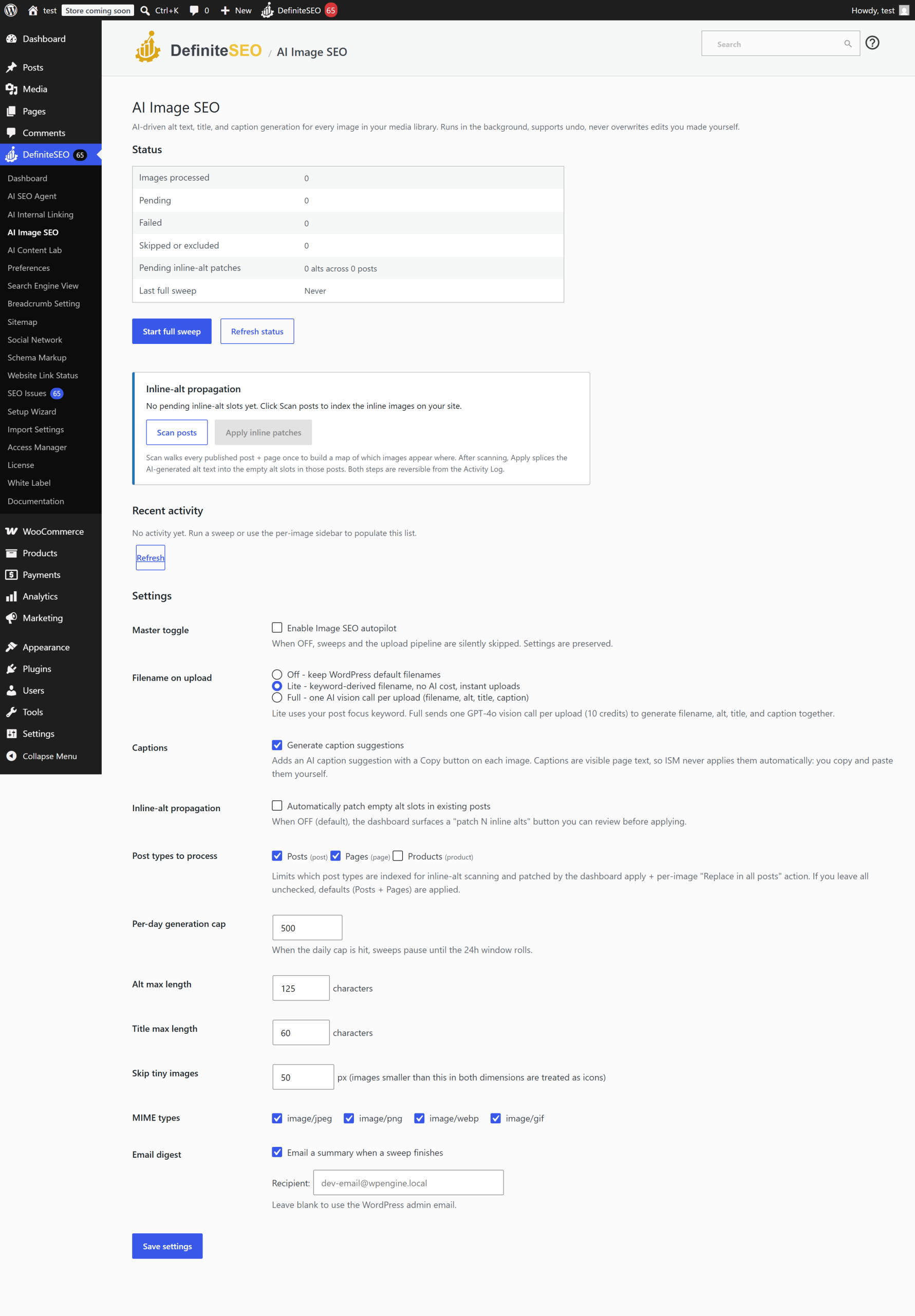 The AI Image SEO dashboard with sweep controls and counters