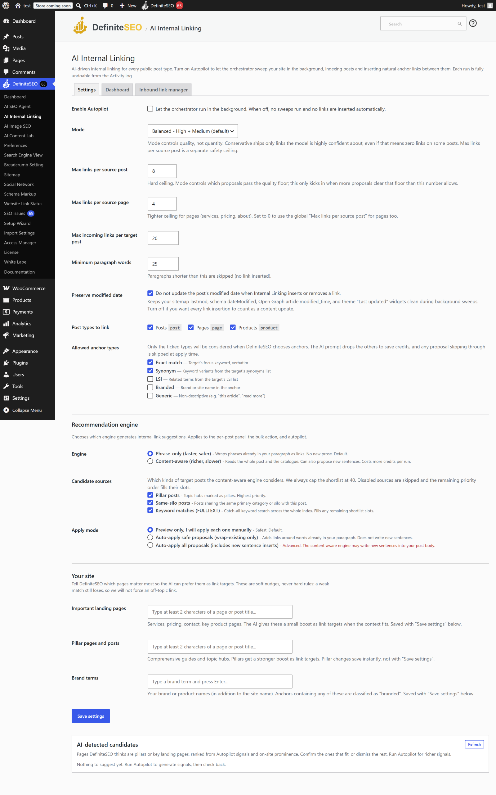 The AI Internal Linking settings tab with mode and link limits