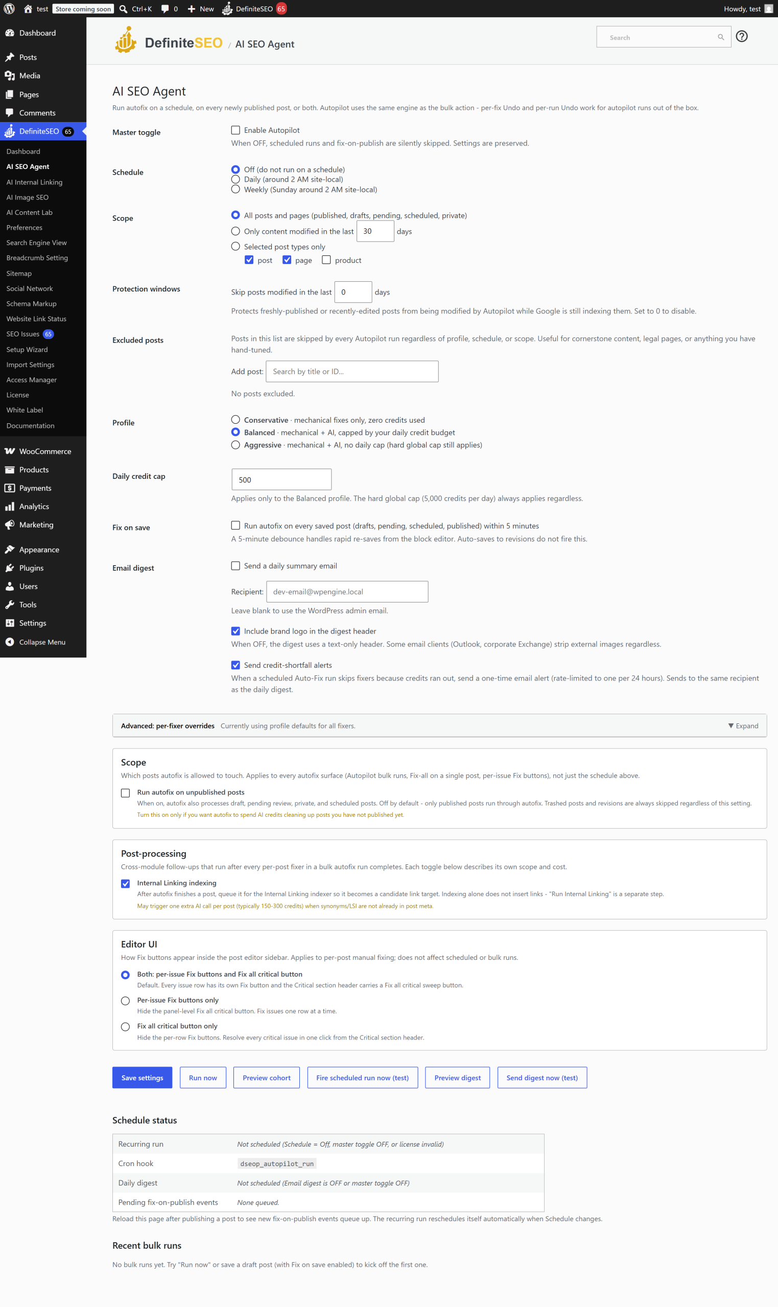 The AI SEO Agent settings with the master toggle, schedule, and scope