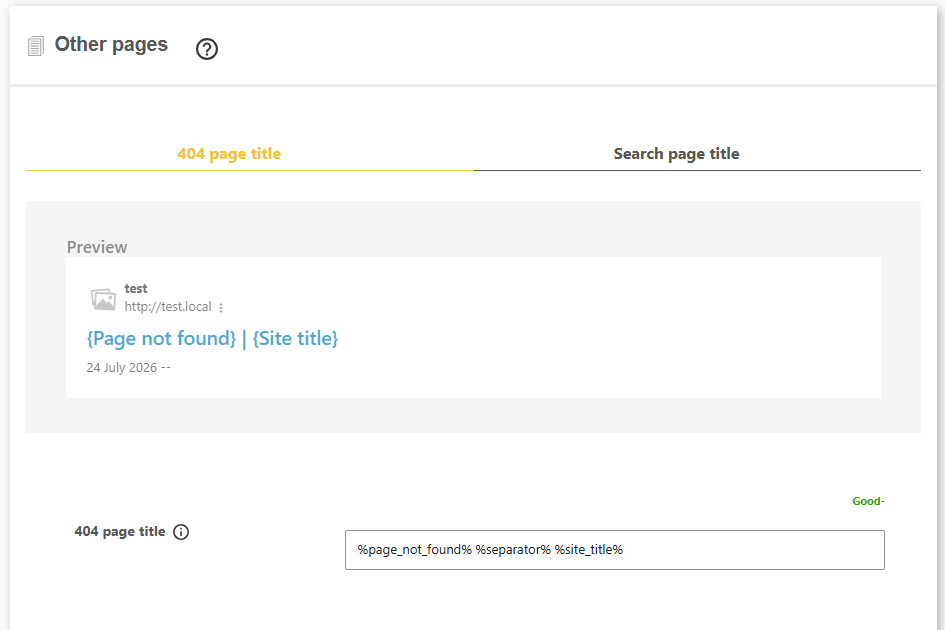 DefiniteSEO 404 and search page title settings
