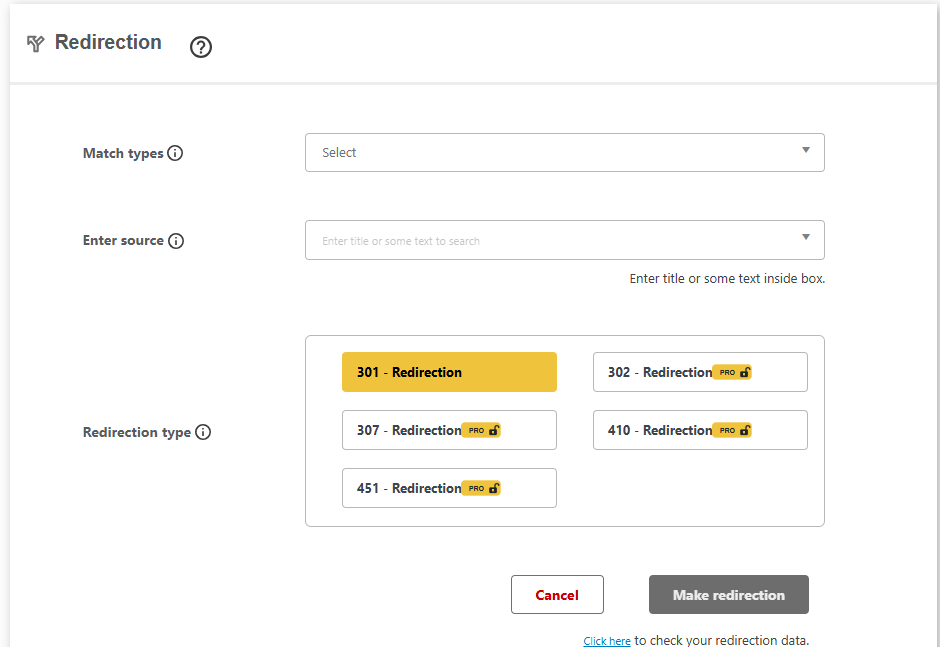DefiniteSEO advanced redirection manager form with match types and 301 to 451 redirect types