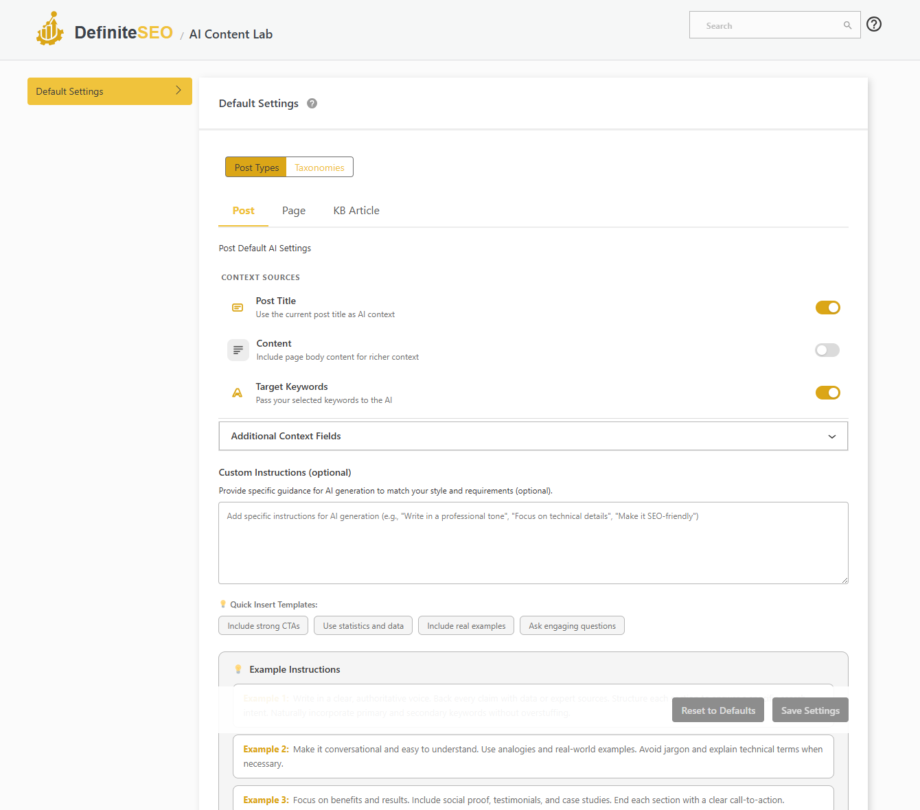 DefiniteSEO AI Content Lab settings