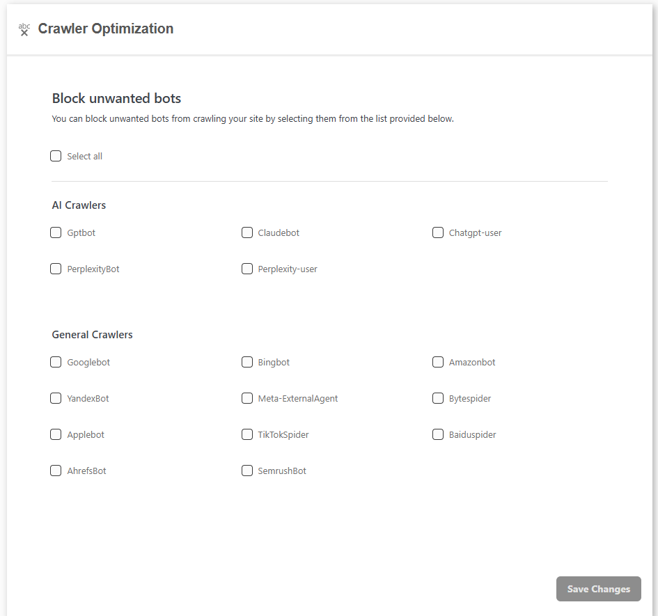 DefiniteSEO crawler optimization AI and general bot blocklist