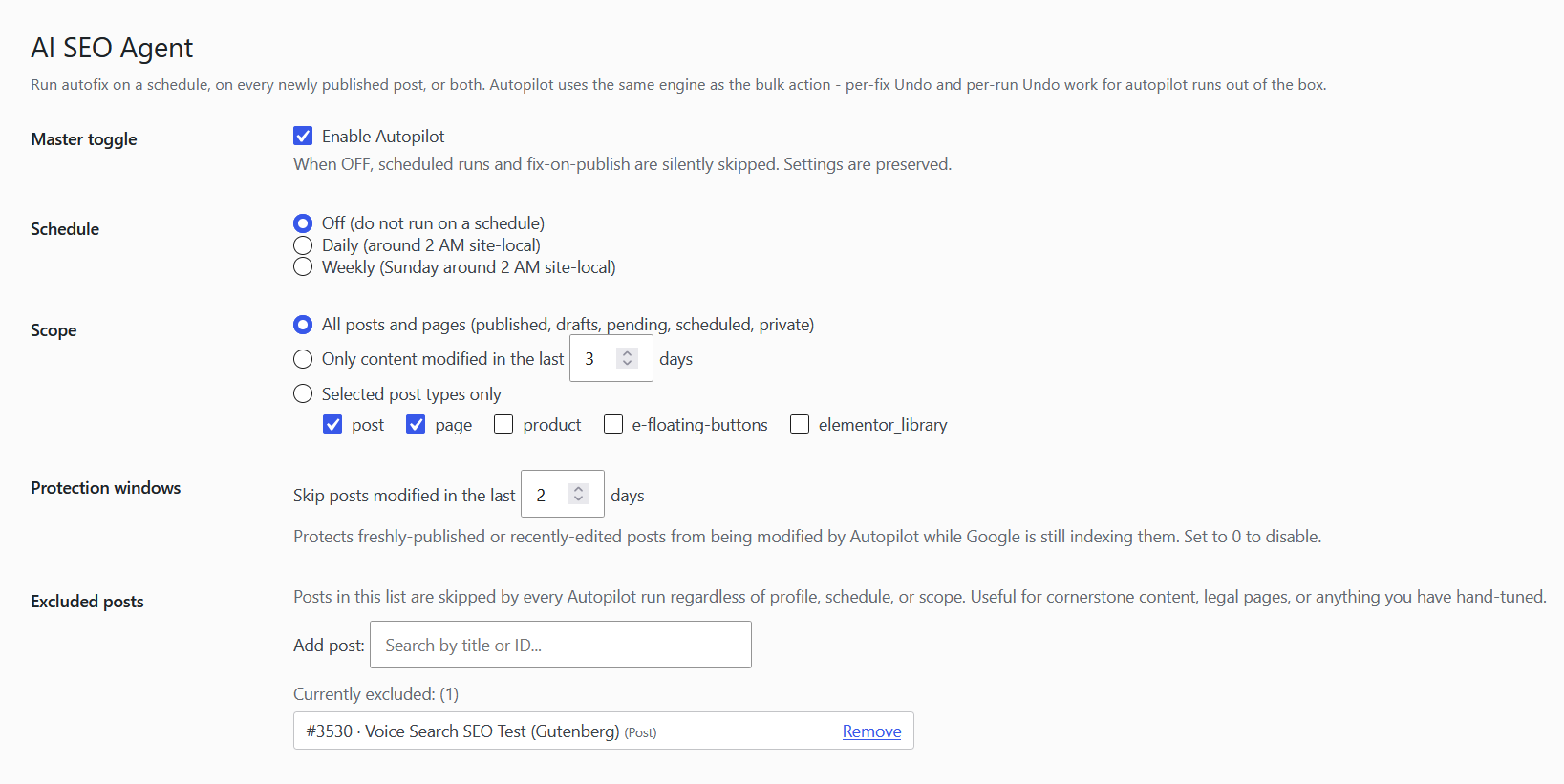 DefiniteSEO AI SEO Agent Autopilot settings