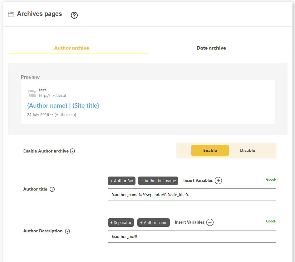 DefiniteSEO author and date archive SEO settings