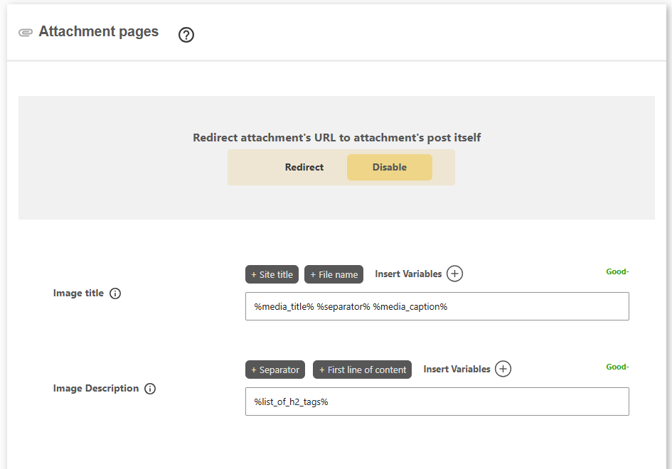 DefiniteSEO attachment page title and description settings