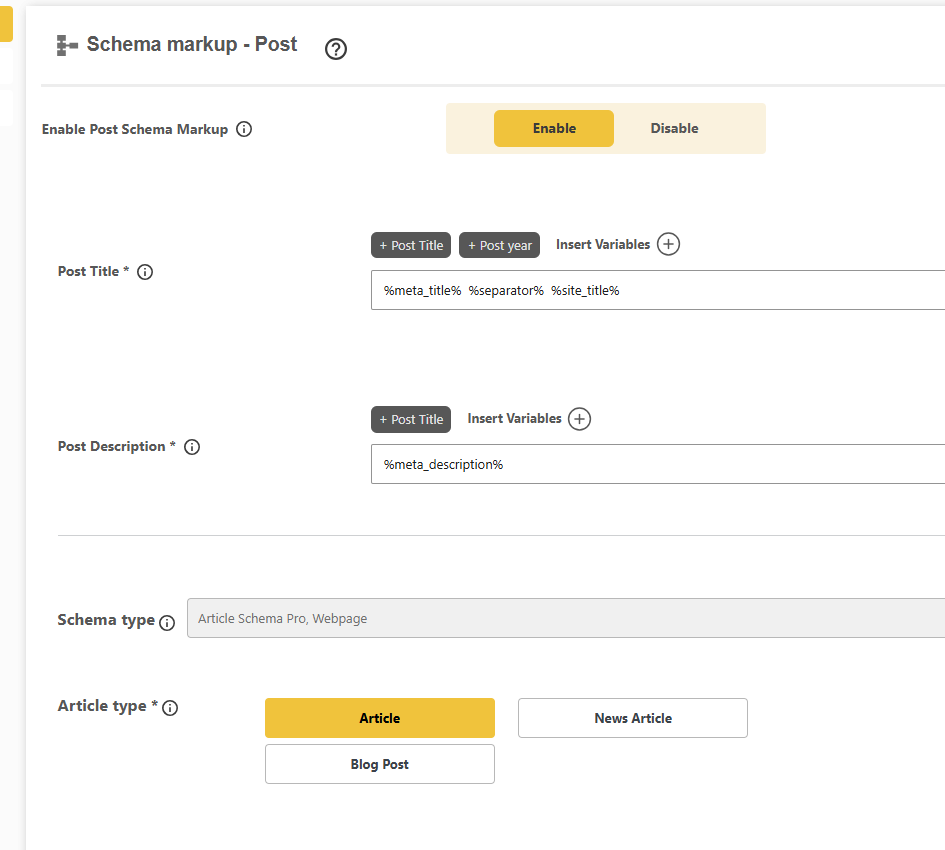 DefiniteSEO per content type schema markup settings