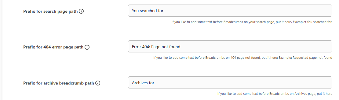 DefiniteSEO breadcrumb prefix settings per page type