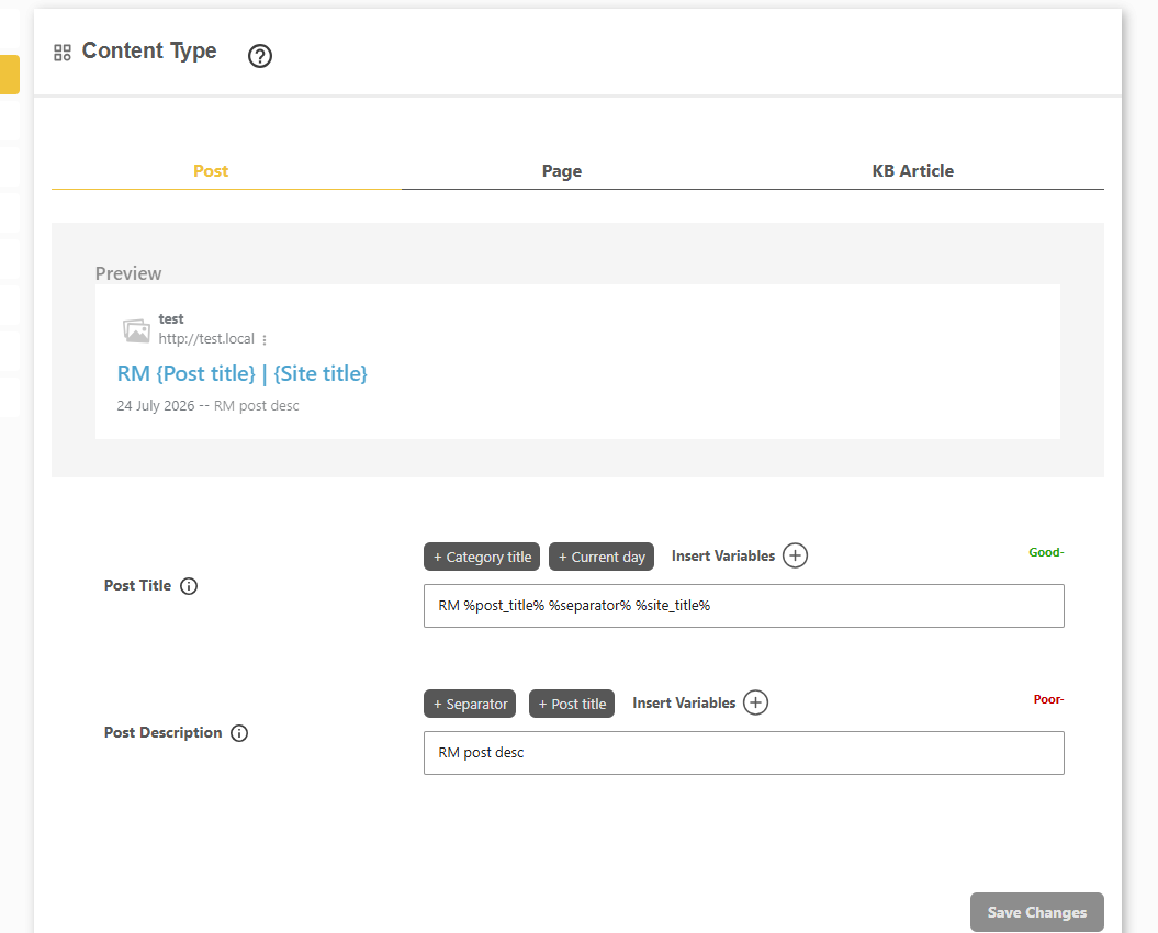 DefiniteSEO per content type SEO settings for Post, Page and custom KB Article