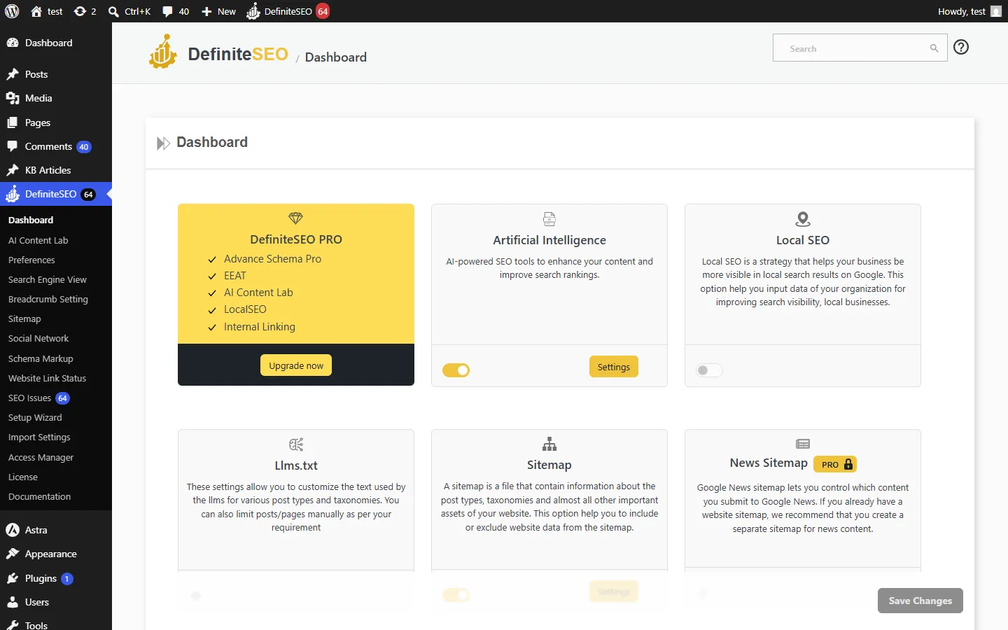 The DefiniteSEO dashboard opened from the admin menu, showing the free module grid with toggles and a Pro upgrade card
