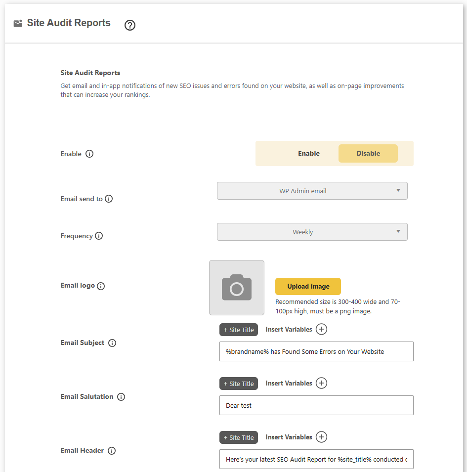 DefiniteSEO white-label email site audit report settings