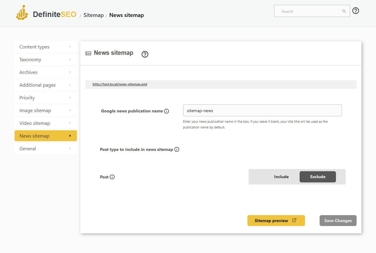 DefiniteSEO Google News sitemap settings