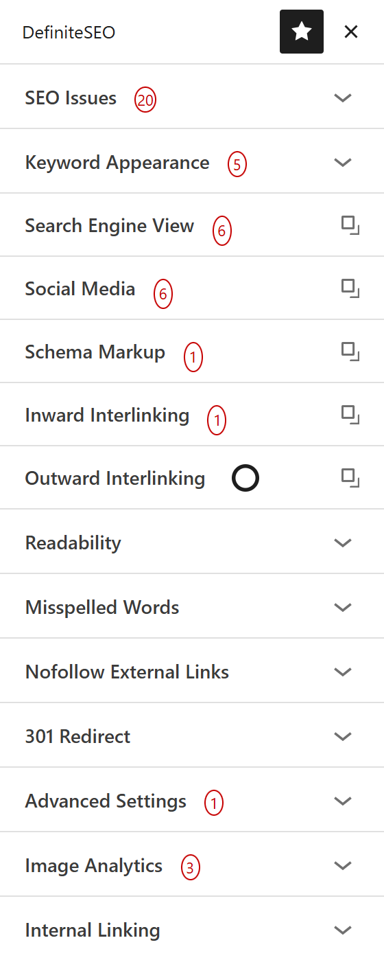 DefiniteSEO sidebar panel inside the Gutenberg block editor