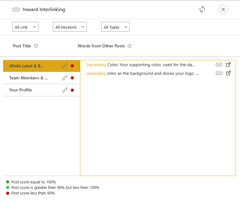 DefiniteSEO inward internal link suggestions in the editor