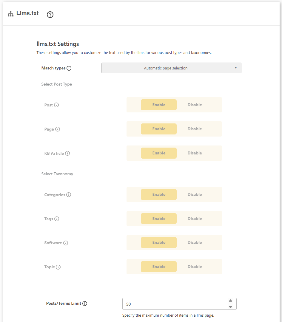DefiniteSEO llms.txt generator settings